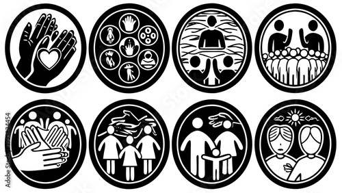 Human hands and figures illustrate social unity and community support within circular icons.