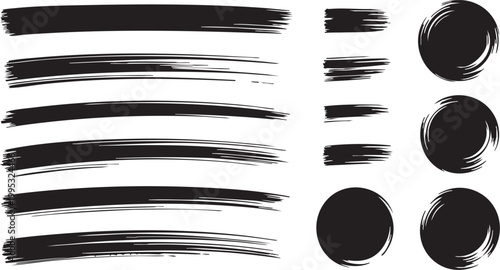 Black ink brush strokes and paint circles set, hand drawn artistic grunge textures, 14 vector brush elements for graphic design and calligraphy
