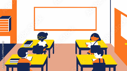 Children sit at desks within a classroom setting while focusing on their studies.