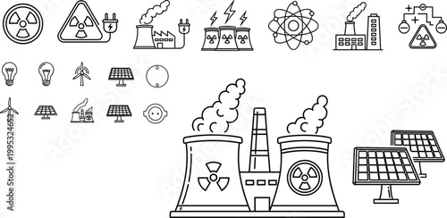 Nuclear energy and power plant icons set radiation industry electricity line vector collection symbols design