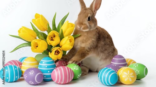 Festive Easter Still Life with Bunny, Tulips, and Decorated Eggs.