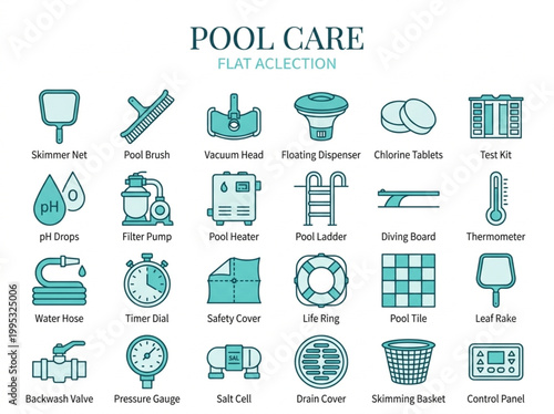 Professional pool care and maintenance icon set featuring cleaning tools, chemical testing equipment, and safety accessories for swimming pool service management