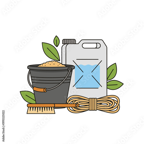 Bucket with sand, water jug, brush, and rope construction set