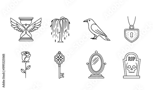 Minimal gothic symbol icon set vector dark aesthetic hourglass raven skull design