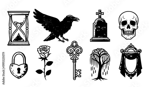 Gothic symbols vector collection raven skull key rose dark tattoo style icons