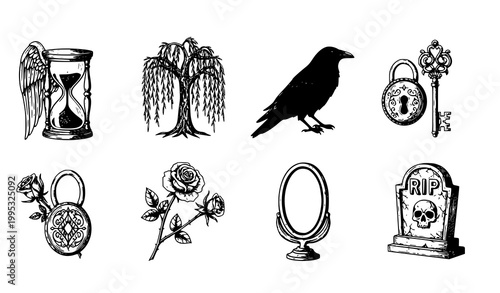 Vintage gothic symbol vector set winged hourglass raven skull key dark engraving icons