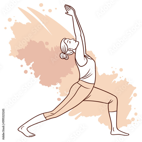 Woman performing warrior pose in yoga class.