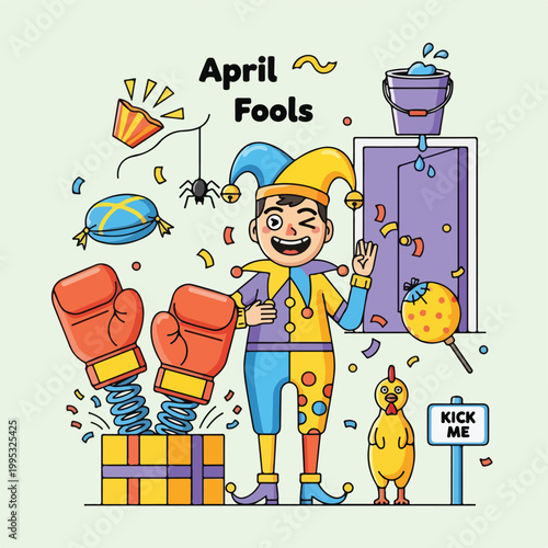 A jester surrounded by April Fools' prank items
