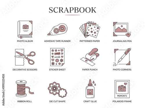 Comprehensive set of minimalist line art and mauve scrapbooking supplies icons featuring photo albums, tools, papers, and embellishments for memory keeping projects