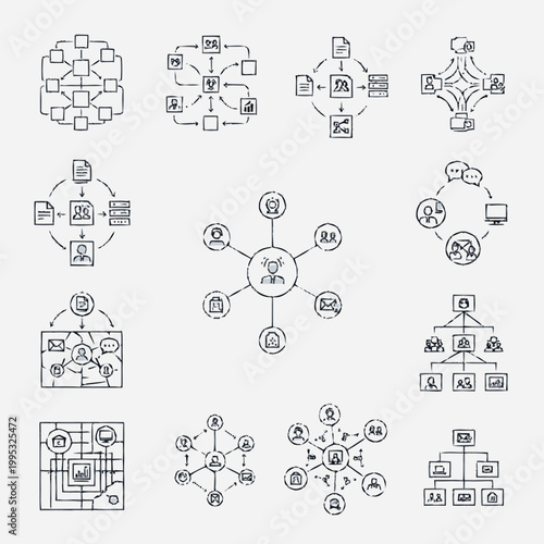 Fotografie Collection of hand-drawn diagrams illustrating various organizational structures and network connections