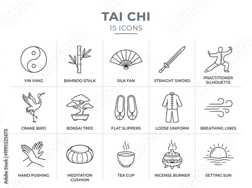 Set of fifteen minimalist line art icons featuring traditional Tai Chi equipment and meditation symbols for wellness and martial arts branding