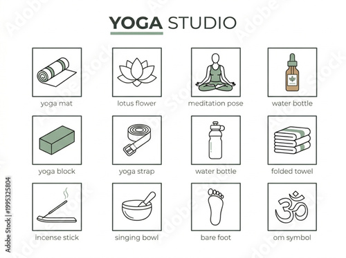 Set of minimalist line art icons featuring yoga studio equipment and meditation symbols for health and wellness design projects