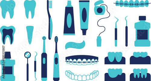 Collection of dental hygiene tools and teeth illustrations for oral care