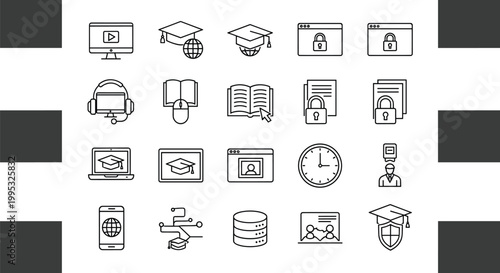 Online education icons set with learning security course minimal outline vector collection digital school design elements