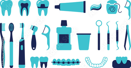 Blue dental care icons featuring toothbrushes, toothpaste, floss, mouthwash, and orthodontic braces for professional oral health maintenance