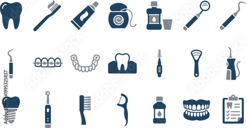Set of diverse dental icons featuring essential tools and hygiene equipment for professional oral health care practice
