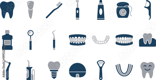 Comprehensive collection of various dental and oral hygiene icons representing essential healthcare and daily maintenance tools.
