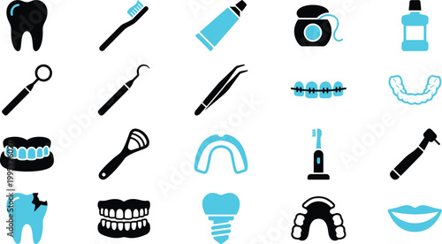 A comprehensive collection of dental and oral health care icons, illustrating various dentistry concepts and hygiene tools.