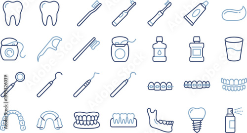 Dental hygiene icons featuring toothbrushes, floss, toothpaste, and dental tools for oral care
