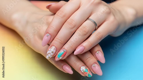 Elegant Womans Hands with Stylish Manicure and Ring Close Up.