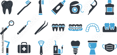 Collection of dental hygiene tools and tooth icons representing oral care and health.