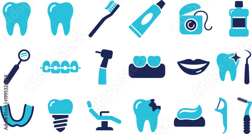 Collection of dental icons featuring teeth, tools, and oral hygiene products