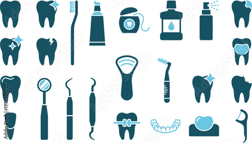 This comprehensive collection of flat design dental and oral hygiene icons illustrates various aspects of tooth care, health, and associated tools.