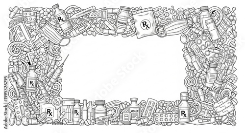 Medical supplies create a rectangular frame for pharmaceutical product information and messaging.