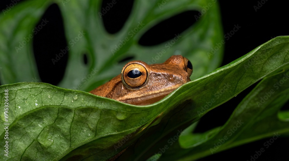 Obraz premium Close-up of a small brown frog peeking from behind large green leaves in a dark environment.