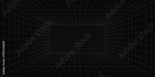 Futuristic perspective grid box. Abstract wireframe with white grid line on black background. Virtual reality landscape in 80s 90s digital style. Vector