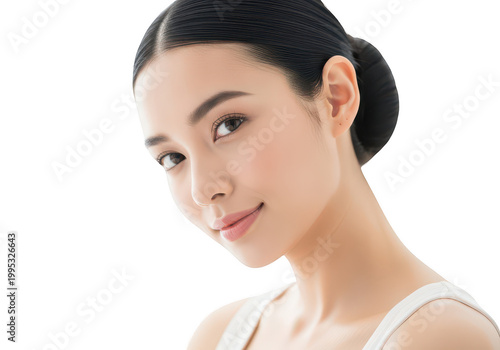 Young Woman With Bun Smiling Isolated On Transparent Background
