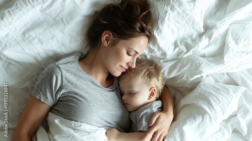 A mother gently holding her baby while they sleep in bed together.