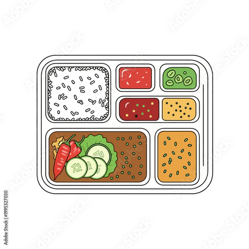 Tray of Indian thali meal with rice, chutney, curry, and vegetables