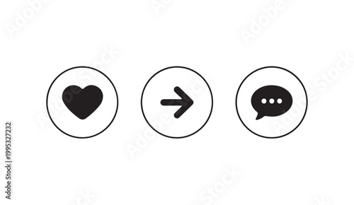 Social media interface icons set with heart and arrow and comment bubble inside circular buttons.