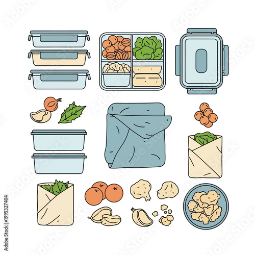 Lunch boxes with healthy food and snacks, top view