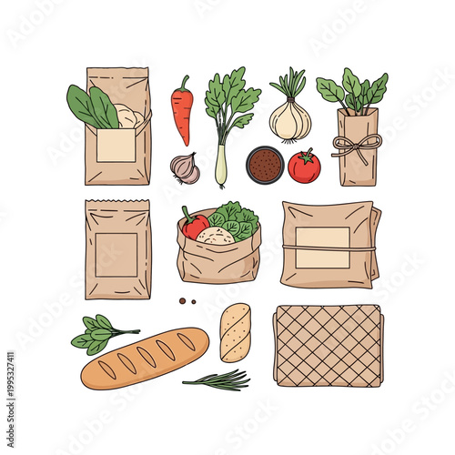 Assortment of fresh produce in paper bags for grocery shopping