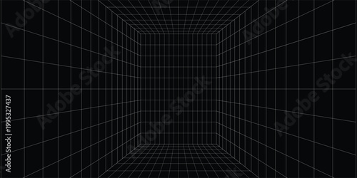 Futuristic perspective grid box. Abstract wireframe with white grid line on black background. Virtual reality landscape in 80s 90s digital style. Vector