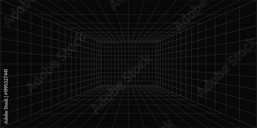 Futuristic perspective grid box. Abstract wireframe with white grid line on black background. Virtual reality landscape in 80s 90s digital style. Vector