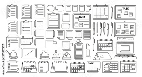 Stationery icons representing office productivity and task management tools are displayed here.
