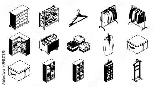 Isometric vector collection of various modern wardrobe and storage furniture