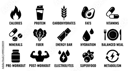 Set of black nutrition and healthy lifestyle vector icons