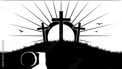 Silhouette of three crosses on a hill vector illustration design