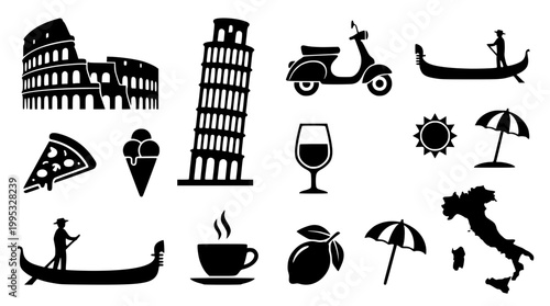 Set of black icons representing famous landmarks and Italian culture