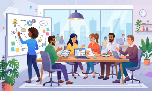 Creative professionals engaged in a dynamic brainstorming session, developing innovative strategies and solutions in a collaborative workspace