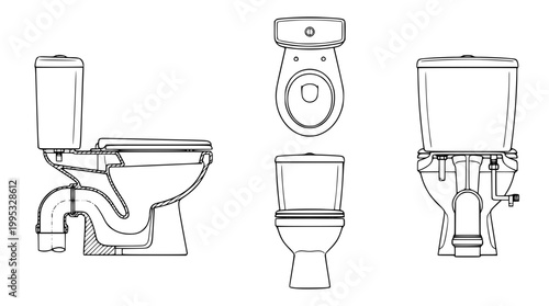 Set of technical toilet design drawings in clean line art