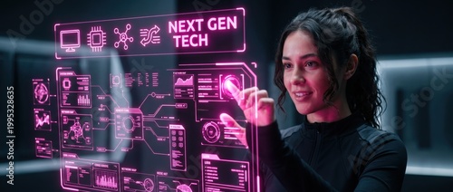 Young woman interacting with a futuristic holographic interface displaying next generation technology data