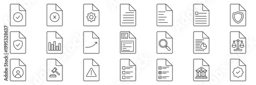 Legal documents icon set. Editable line icons. Vector illustration. Contract signing icon set. Compliance Check Icon Set. Minimalist document icon set with checkmark, approved paper file vector symbol
