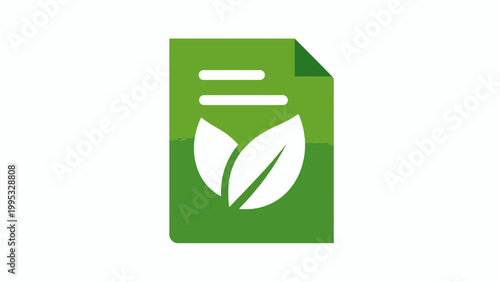 Green policy document icon representing sustainability and environmental commitment with leaves and text lines on a white background