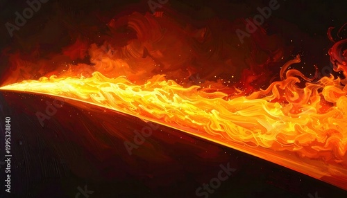 어두운 배경을 가로지르는 강렬한 오렌지색 화염의 긴 줄기와 폭발적인 에너지 그리고 주변으로 흩어지는 뜨거운 불꽃과 연기를 역동적으로 표현한 추상적인 디지털 그래픽 배경 이미지입니다.