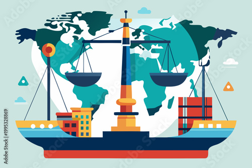 International maritime illustration featuring cargo ship with containers, scales, and world map in background, representing global trade and shipping logistics during sanctions imposed on oil tankers
